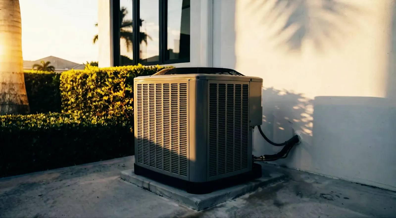 An outdoor AC unit beside a white Florida house in late-afternoon sun (illustrative, generated)