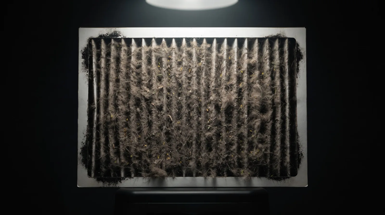 The same filter after a year: clogged with dust, hair and pollen (illustrative, generated)